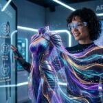 Una giovane donna interagisce con uno schermo touch futuristico in un laboratorio di moda AR; davanti a lei fluttua un abito olografico multicolore generato dall'intelligenza artificiale, con icone digitali di acquisto e prova virtuale.