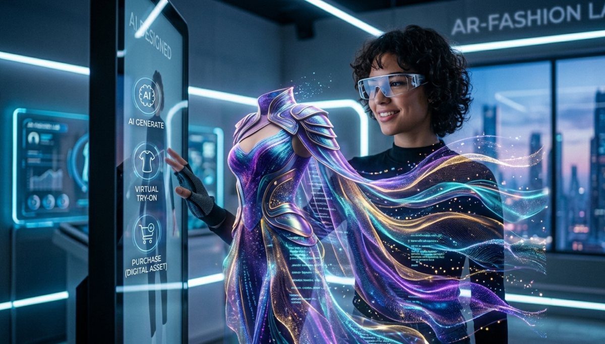 Una giovane donna interagisce con uno schermo touch futuristico in un laboratorio di moda AR; davanti a lei fluttua un abito olografico multicolore generato dall'intelligenza artificiale, con icone digitali di acquisto e prova virtuale.