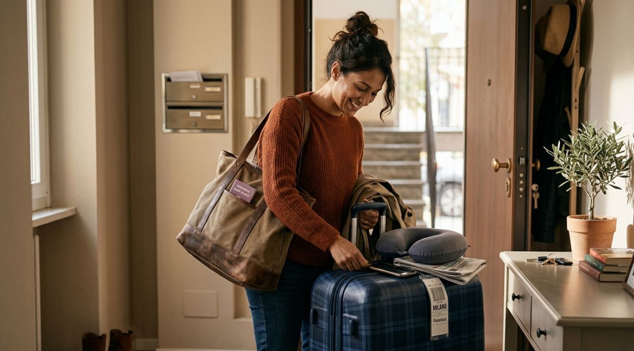 Donna sorridente nell'ingresso di casa mentre prepara l'ultima borsa sopra una valigia blu pronta per un viaggio.